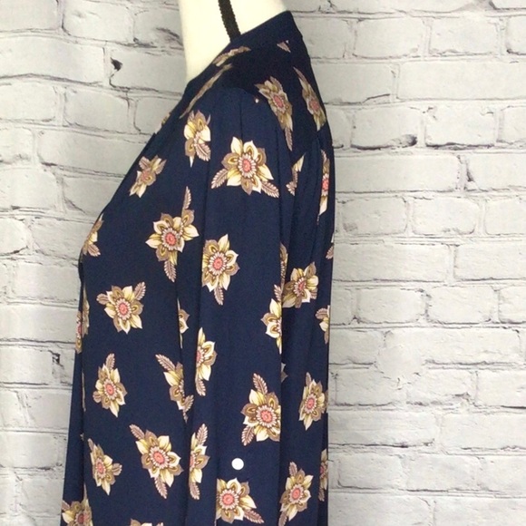 LOFT Navy Faraway Floral Split Neck Tunic Long Sleeve Roll Tab Pullover Small - Picture 7 of 16